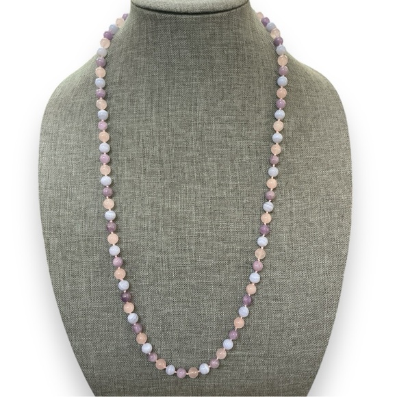 Amethyst, Lace Agate, pink quartz knotted between stone bead necklace -no clasp - Picture 7 of 9